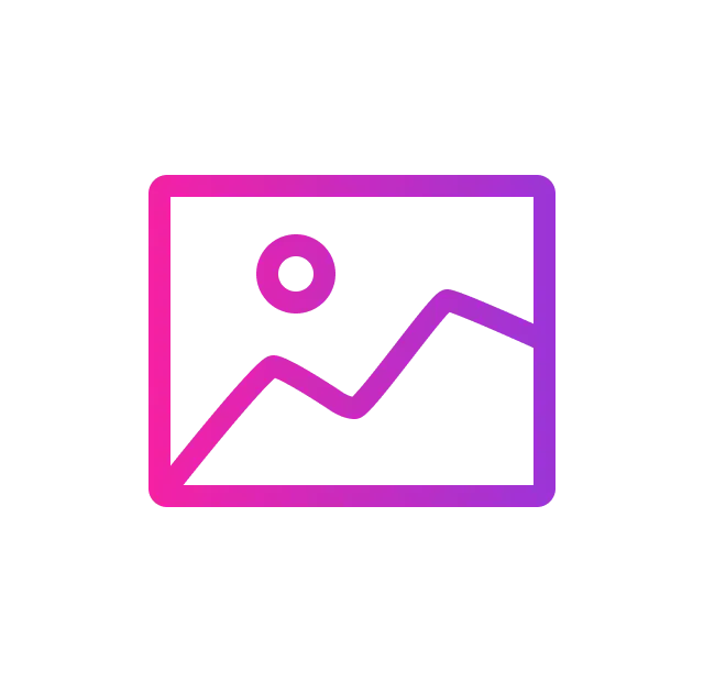 A gradient pink and purple icon of a rectangle containing a mountain landscape and a sun.