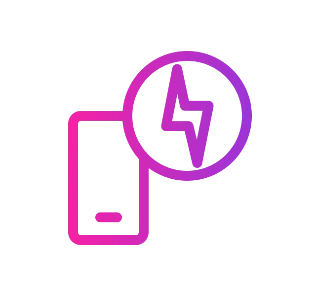 A purple-to-pink gradient icon of a smartphone with a lightning bolt symbol inside a circle, representing charging.