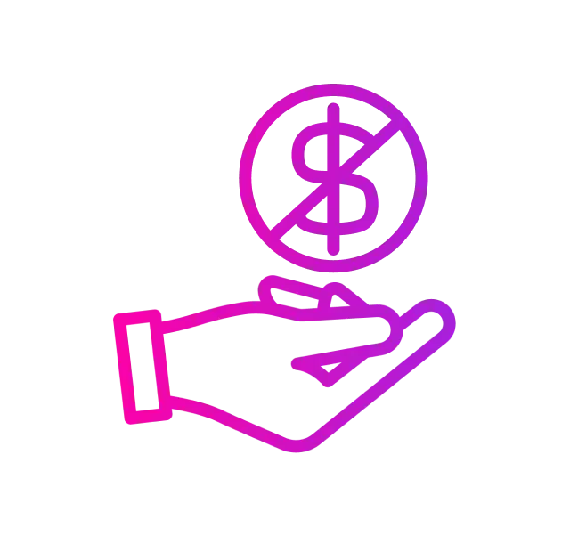 A purple-to-pink gradient icon of a hand holding a coin with a dollar sign crossed out, symbolizing no money or free cost.