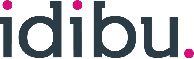 The logo for idibu in dark grey lowercase letters, with small, bright pink dots above the 'i's and after the 'u'.