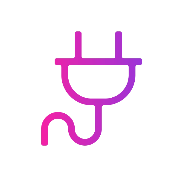A minimalist electric plug icon with a pink-to-purple gradient, featuring two prongs and a curved power cord.
