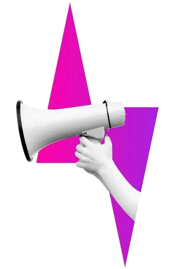A white megaphone held by a hand, centered in front of a stylized pink and purple lightning bolt graphic.