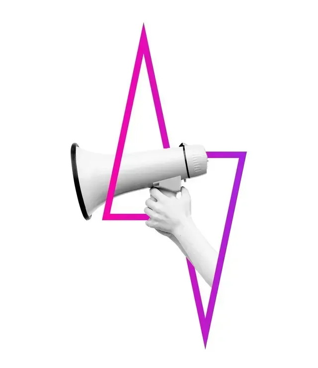 A hand holds a white megaphone behind two overlapping, vibrant purple neon-style triangles.