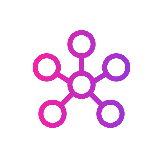 A network icon featuring five outer circles connected to a central circle with a pink-to-purple gradient.