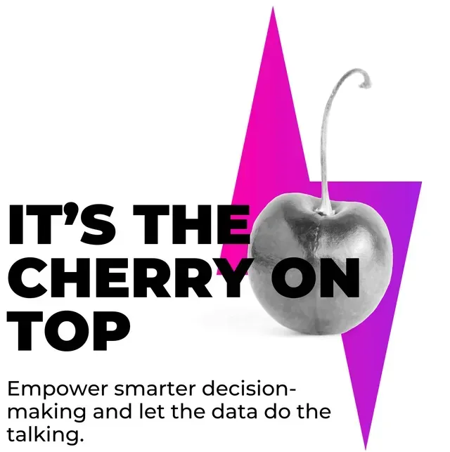 A black-and-white cherry sits against a pink and purple lightning bolt graphic with text: 