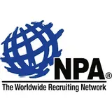 Logo for NPA, The Worldwide Recruiting Network, featuring a blue abstract globe graphic next to the black text