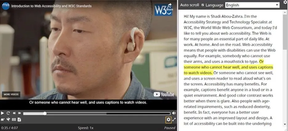 A W3C video on web accessibility shows a speaker with a hearing aid and a transcript panel highlighting captioned video.
