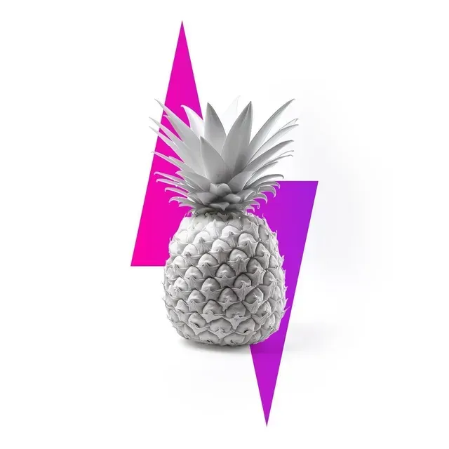 A grayscale pineapple centered in front of a vertical, split-colored fuchsia and purple lightning bolt graphic.