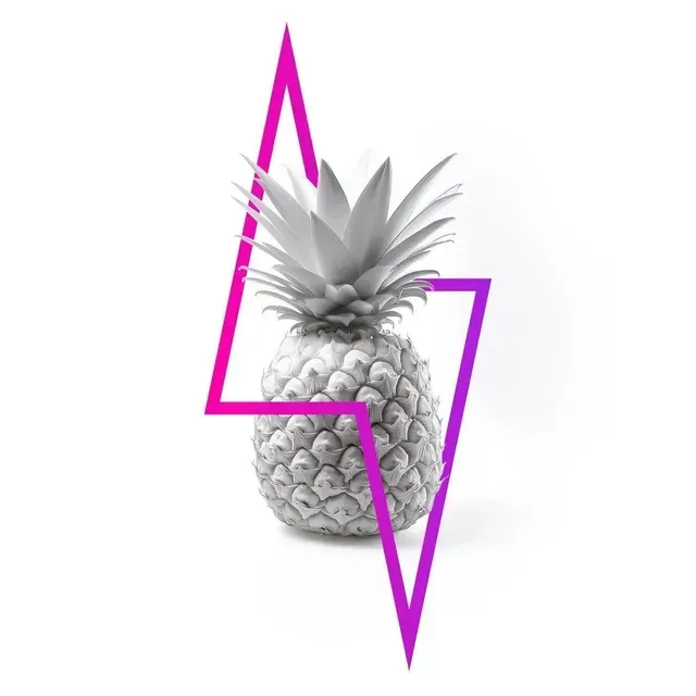 A grayscale pineapple centered behind a magenta lightning bolt outline against a plain white background.