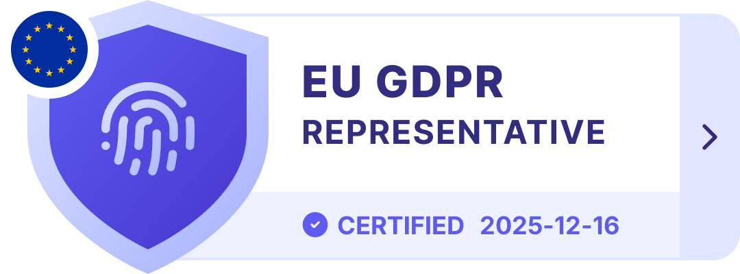 A purple shield icon with a fingerprint and EU flag, labeled 
