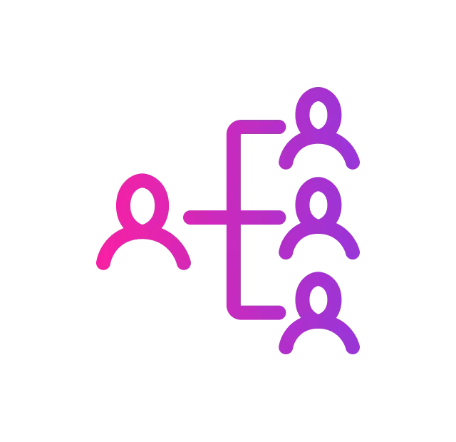 A purple-to-pink gradient icon showing a single person connected to three people in a hierarchical structure.