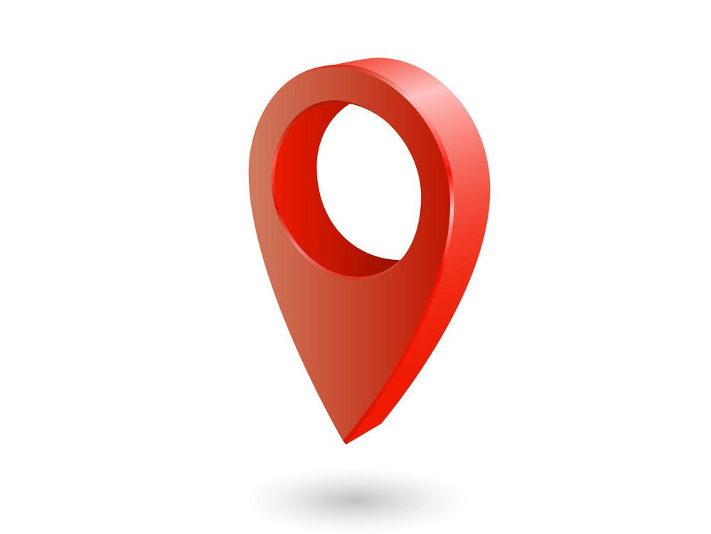 A 3D, red map location pin icon on a white background with a soft drop shadow.