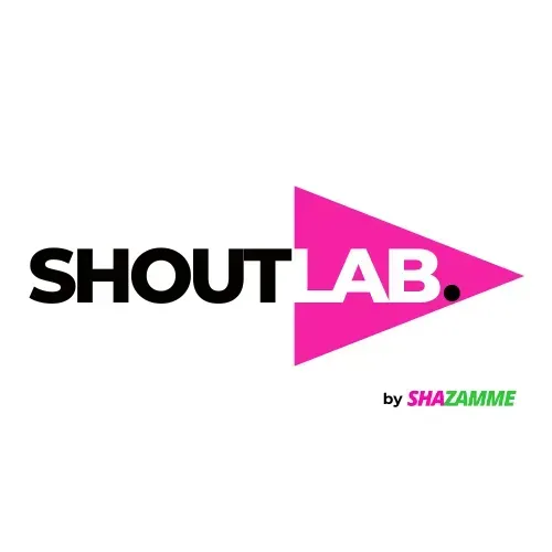 The logo for SHOUTLAB, featuring black text next to a pink arrow, with the text 