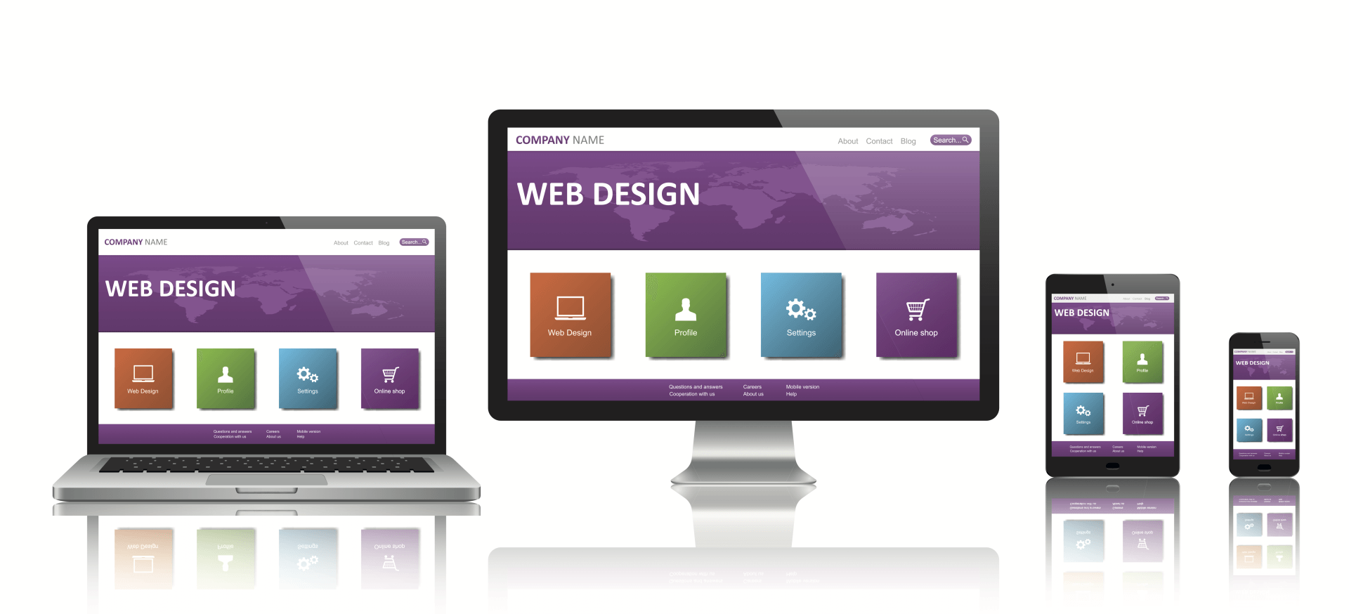 A laptop, monitor, tablet, and smartphone displaying a consistent, purple-themed web design interface on all screens.