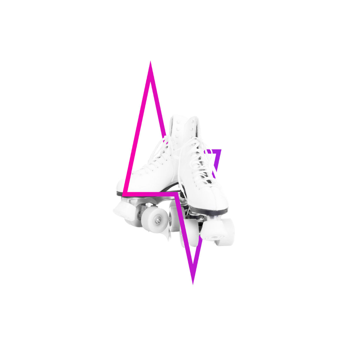 White roller skates layered over a magenta, lightning-bolt shaped graphic on a white background.