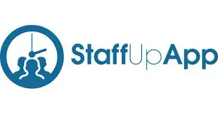 Logo for StaffUpApp featuring a blue circular icon with clock hands over silhouettes of three people next to the text.