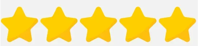 Five yellow, five-pointed stars lined up in a row representing a five-star rating.