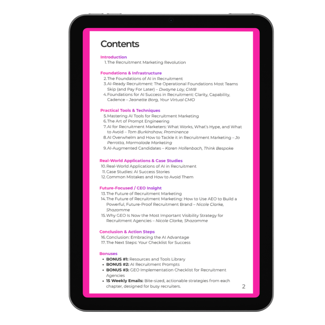 Tablet screen showing a contents page with pink headings and black text on a white background