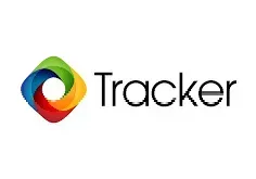 The Tracker logo featuring a colorful, swirled rhombus icon to the left of the word 