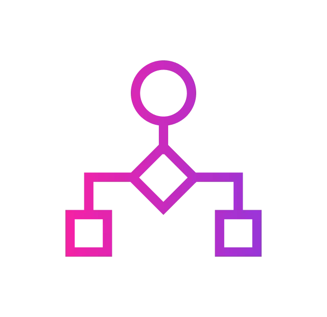 A pink-to-purple gradient diagram showing a circle above a diamond shape, which splits into two square boxes below.