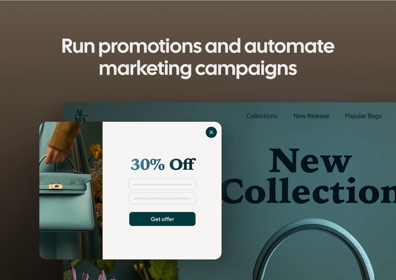 A 30% off promotion popup overlaying a website for a new collection of handbags, demonstrating automated marketing.