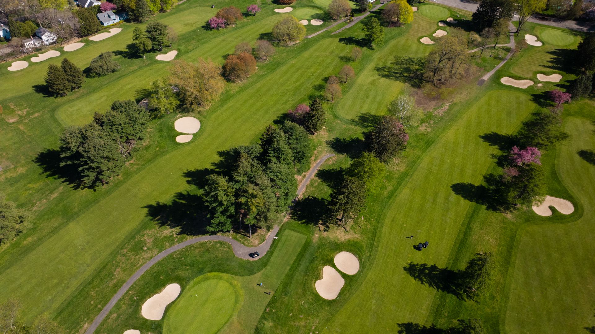 An aerial view of a golf course surrounded by trees and bushes.