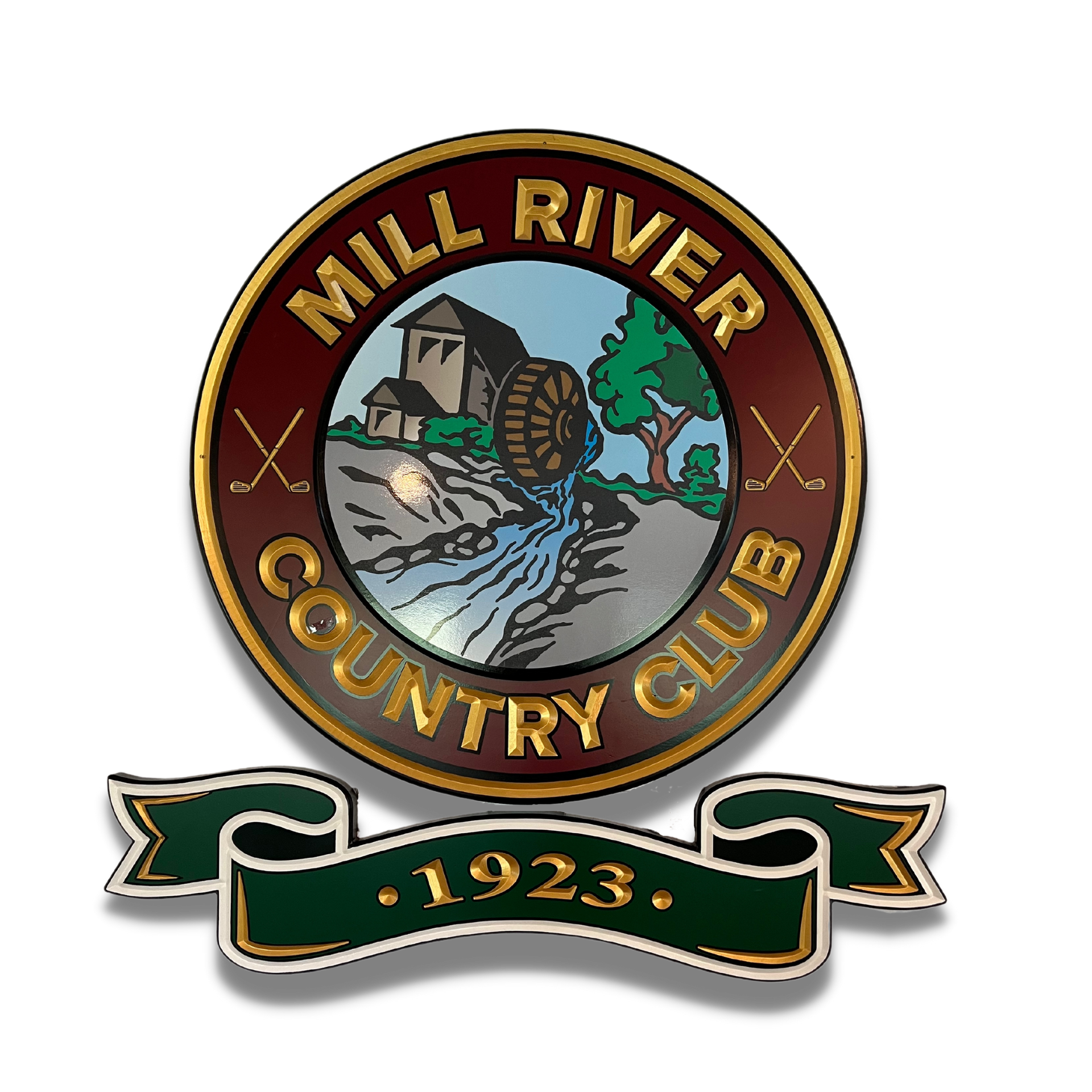 A logo for the mill river country club from 1923