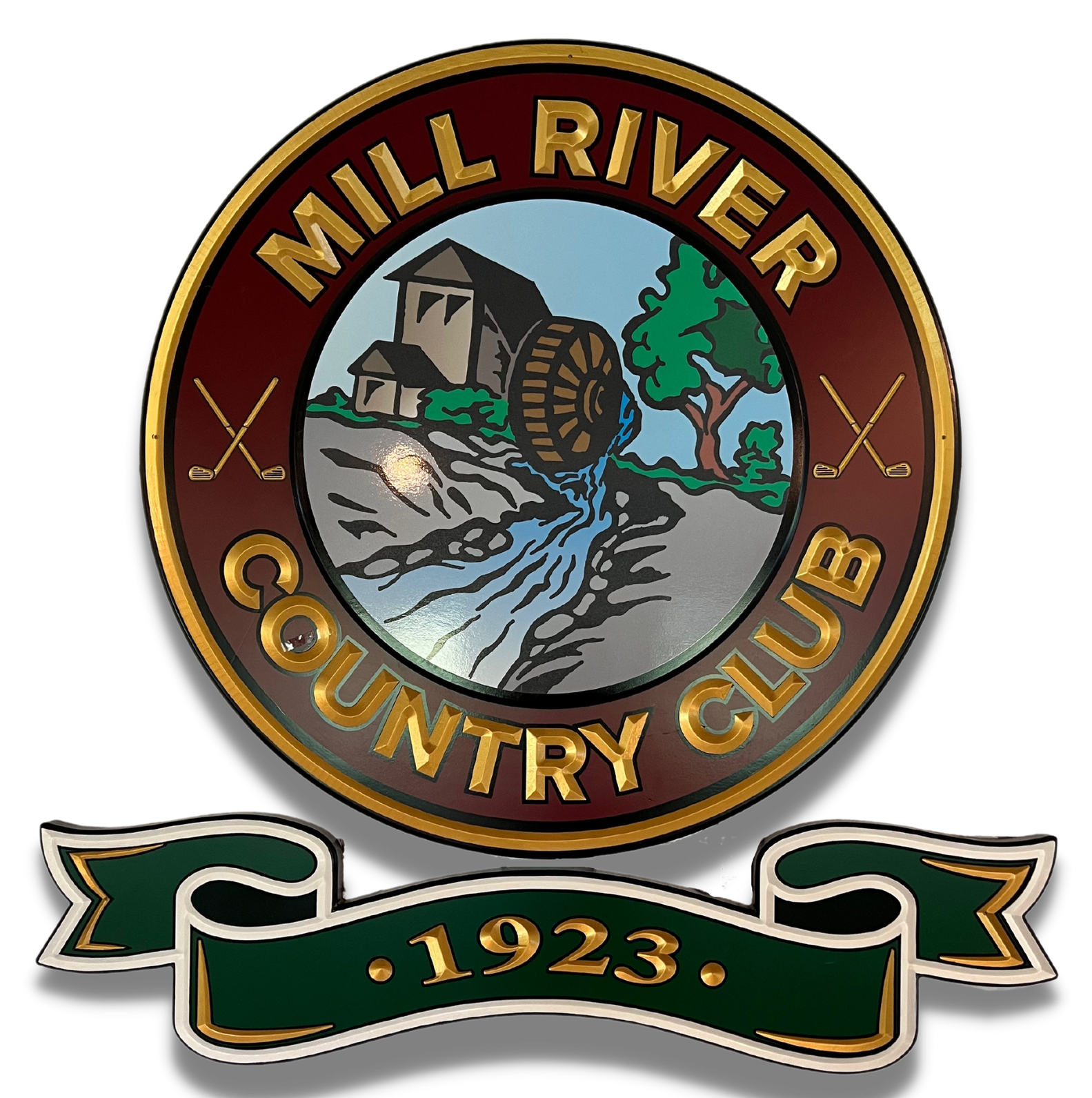A logo for the mill river country club from 1923