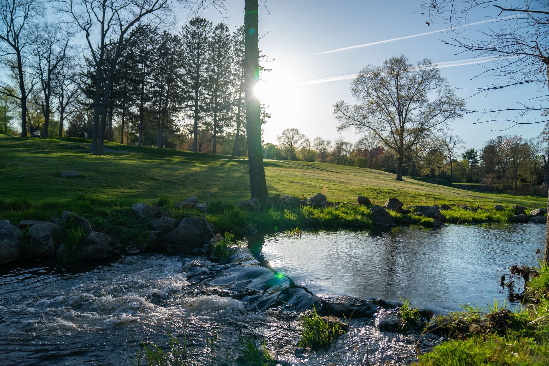 The sun is shining through the trees over a river.