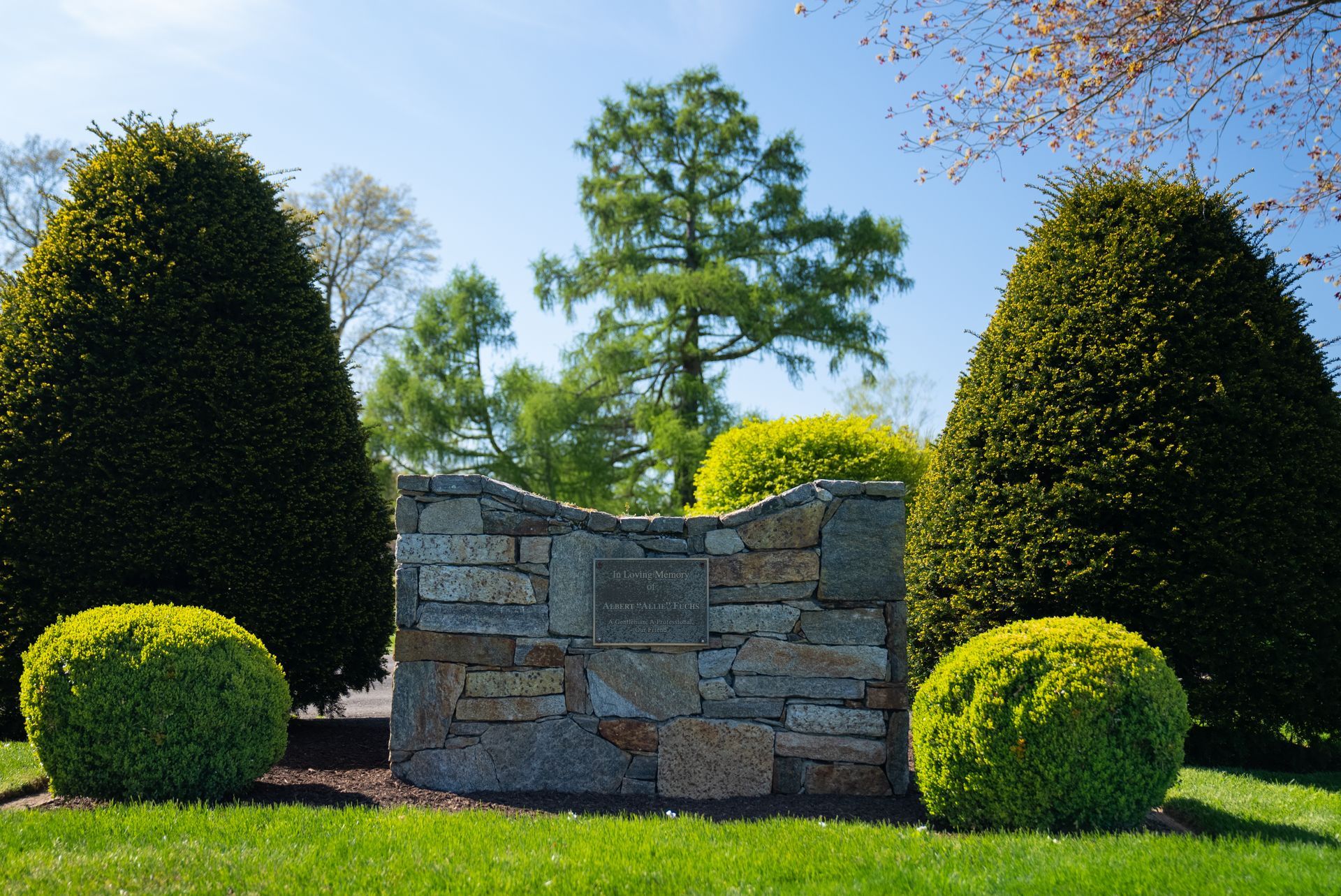 A stone wall is surrounded by bushes and trees