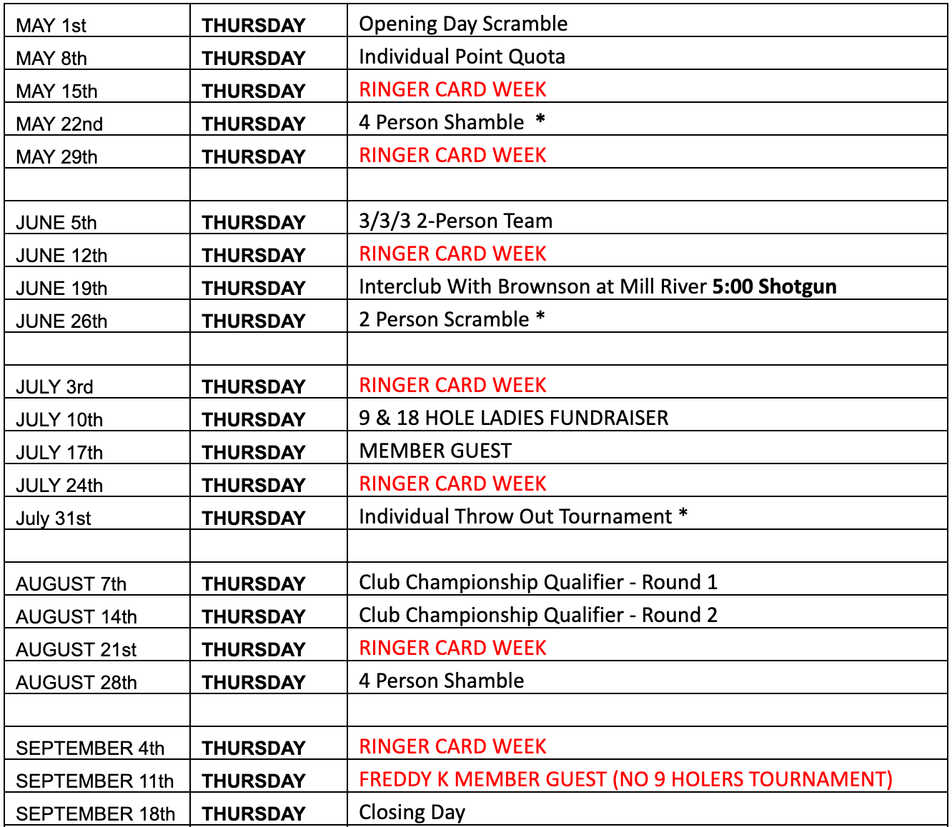 A schedule for a golf tournament is shown