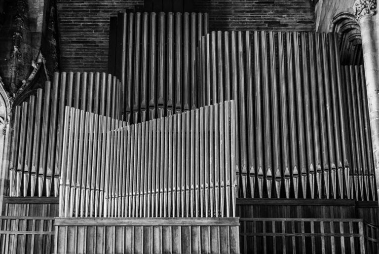 Black-and-white view of large vertical organ pipes in a cathedral interior