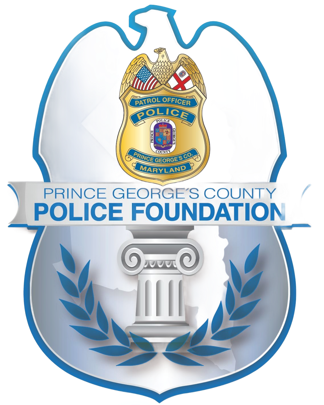Prince George’s County Police Foundation logo with police badge, blue laurel wreath, and white column