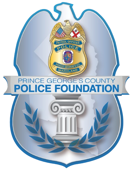Prince George’s County Police Foundation logo with blue shield, crest, laurel leaves, and white column