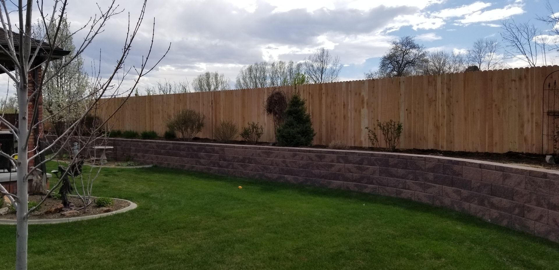 A wooden fence surrounds a lush green lawn in a backyard.