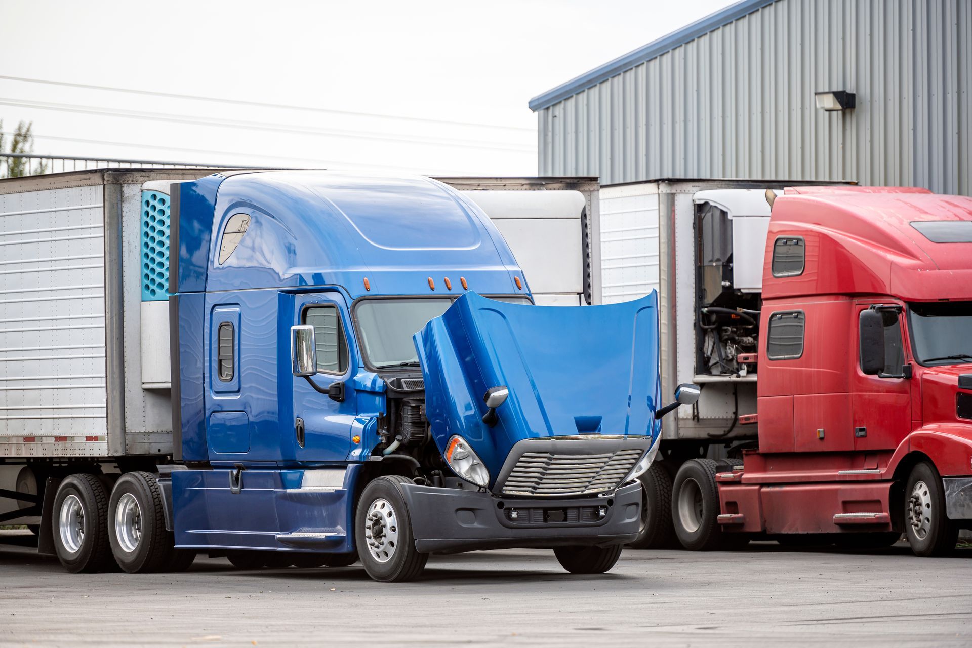 Blue semi-truck with open hood parked next to red semi-truck