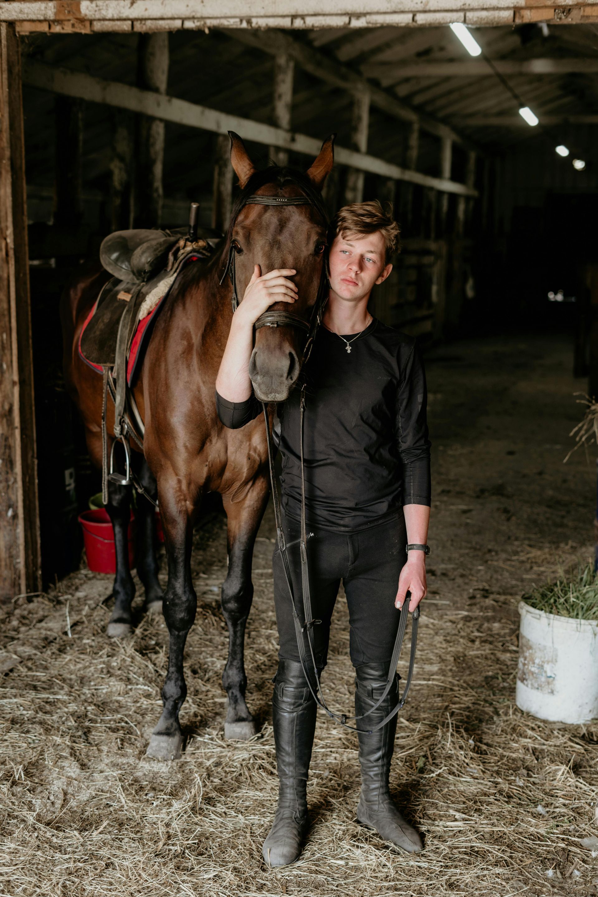 A man is standing next to a horse in a stable.