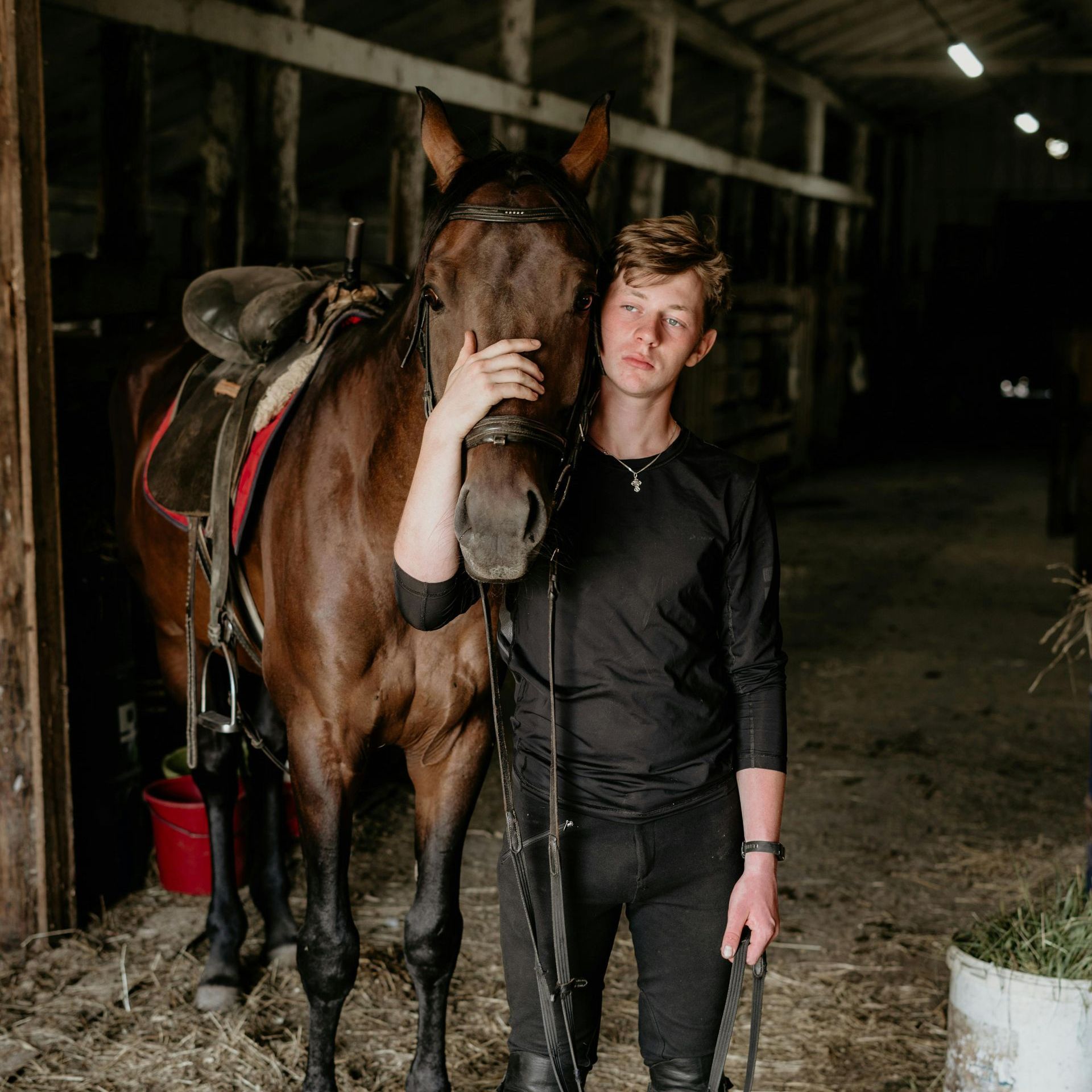 A man is standing next to a brown horse in a barn.
