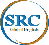 A logo for src global english in a blue and gold circle
