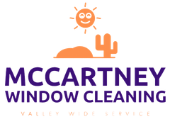 McCartney Window Cleaning logo with orange sun, cactus, and desert hills above purple text.
