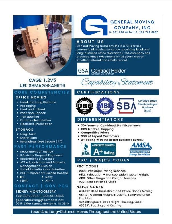General Moving Company, Inc. capability statement featuring company information, services, certifications, and contact info.