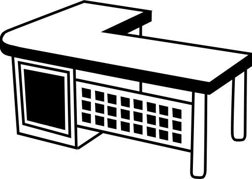 Line art of an L-shaped desk with a solid cabinet on one side and a grid-patterned privacy screen.
