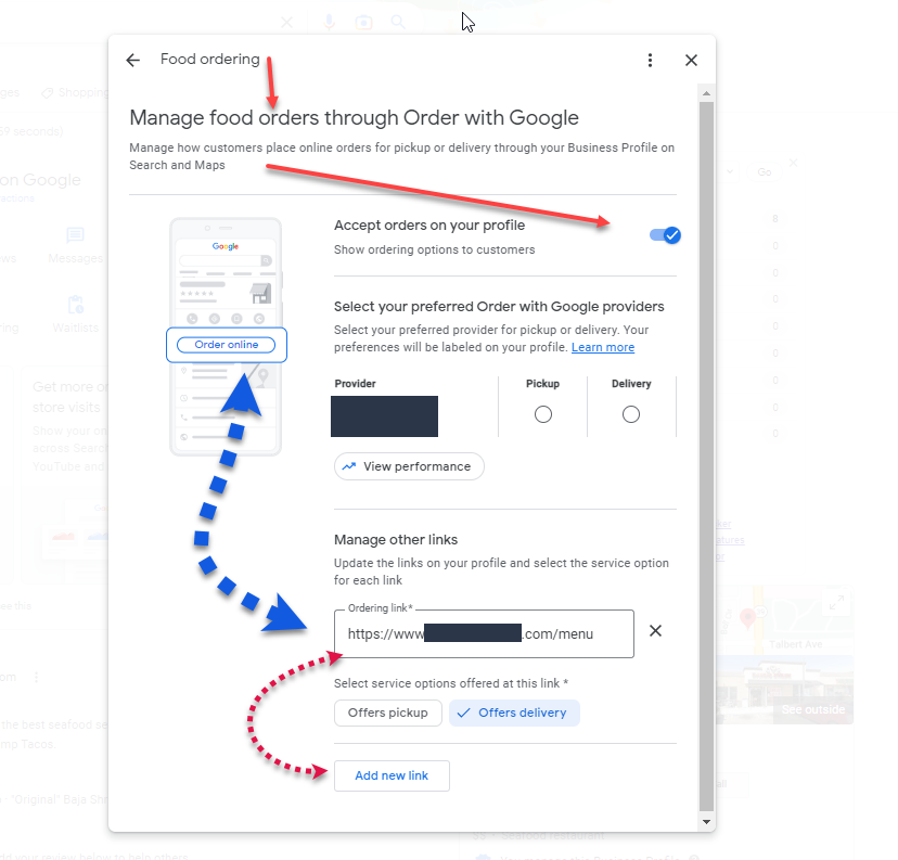 Screenshot of a Google platform with food ordering settings, showing options for accepting orders, pickup, and delivery.
