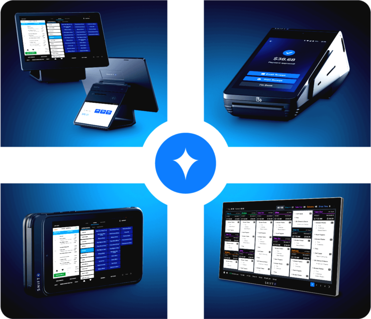 Four point-of-sale systems displayed against a blue gradient background, with a central blue and white starburst.