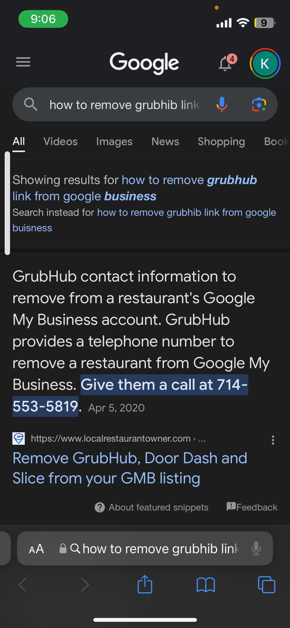 Screenshot of a Google search on a phone, with instructions to call Grubhub to remove a restaurant from Google My Business.