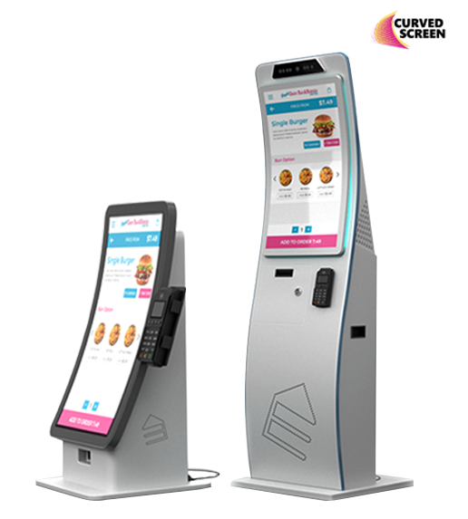 Two curved screen ordering kiosks for a restaurant, light gray with white screens displaying food options.