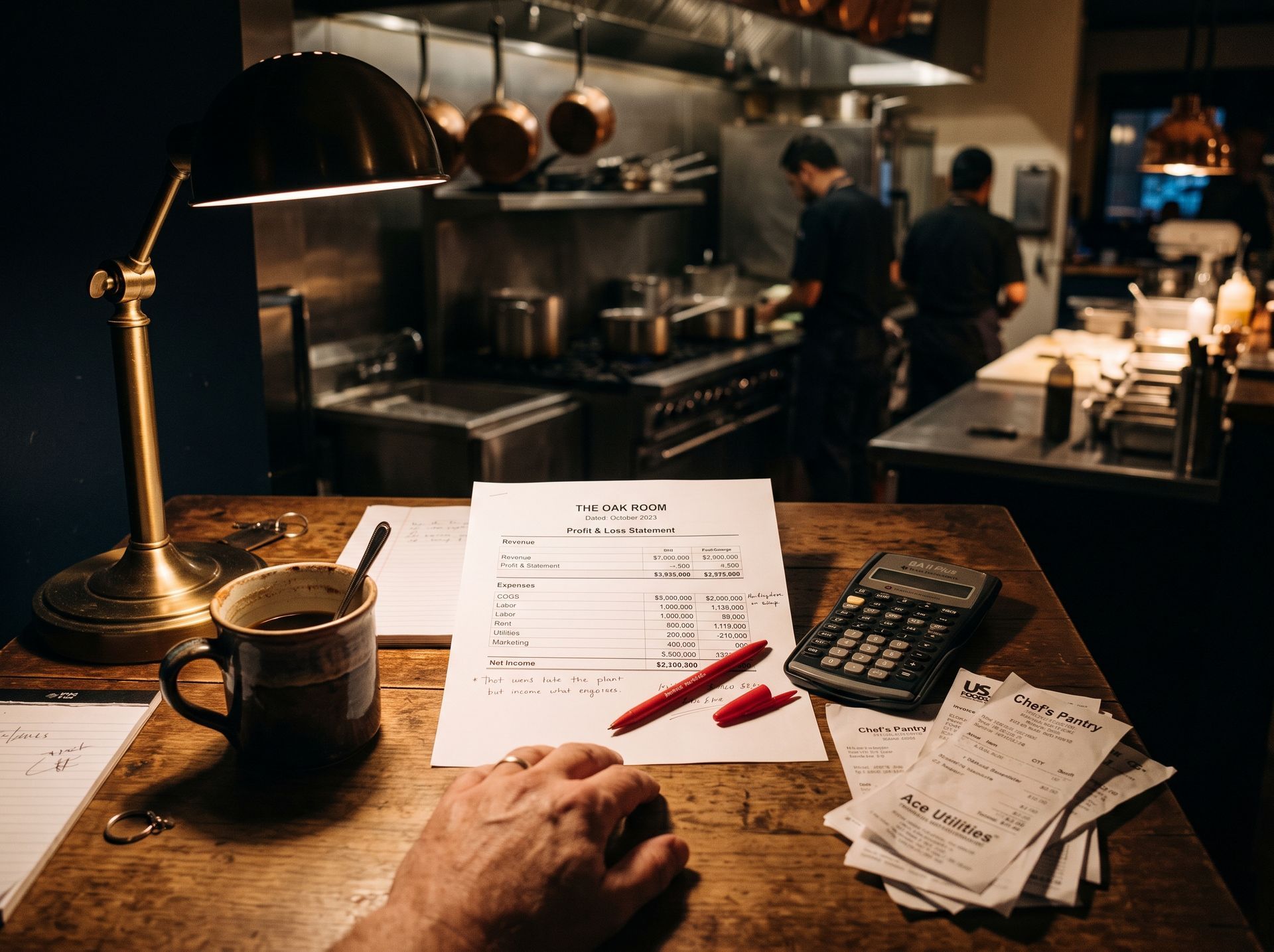 Cafe counter with a receipt, pen, coffee cup, calculator, and kitchen staff in the background