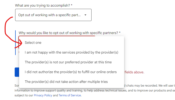 Dropdown menu with options to opt out of working with specific partners, with reasons like provider dissatisfaction.