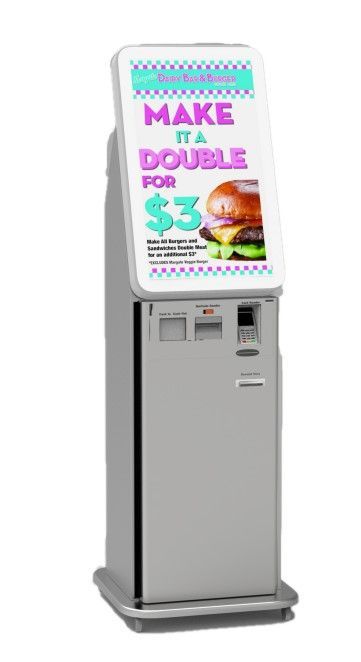 A self-order kiosk with a digital screen displaying a promotion: 