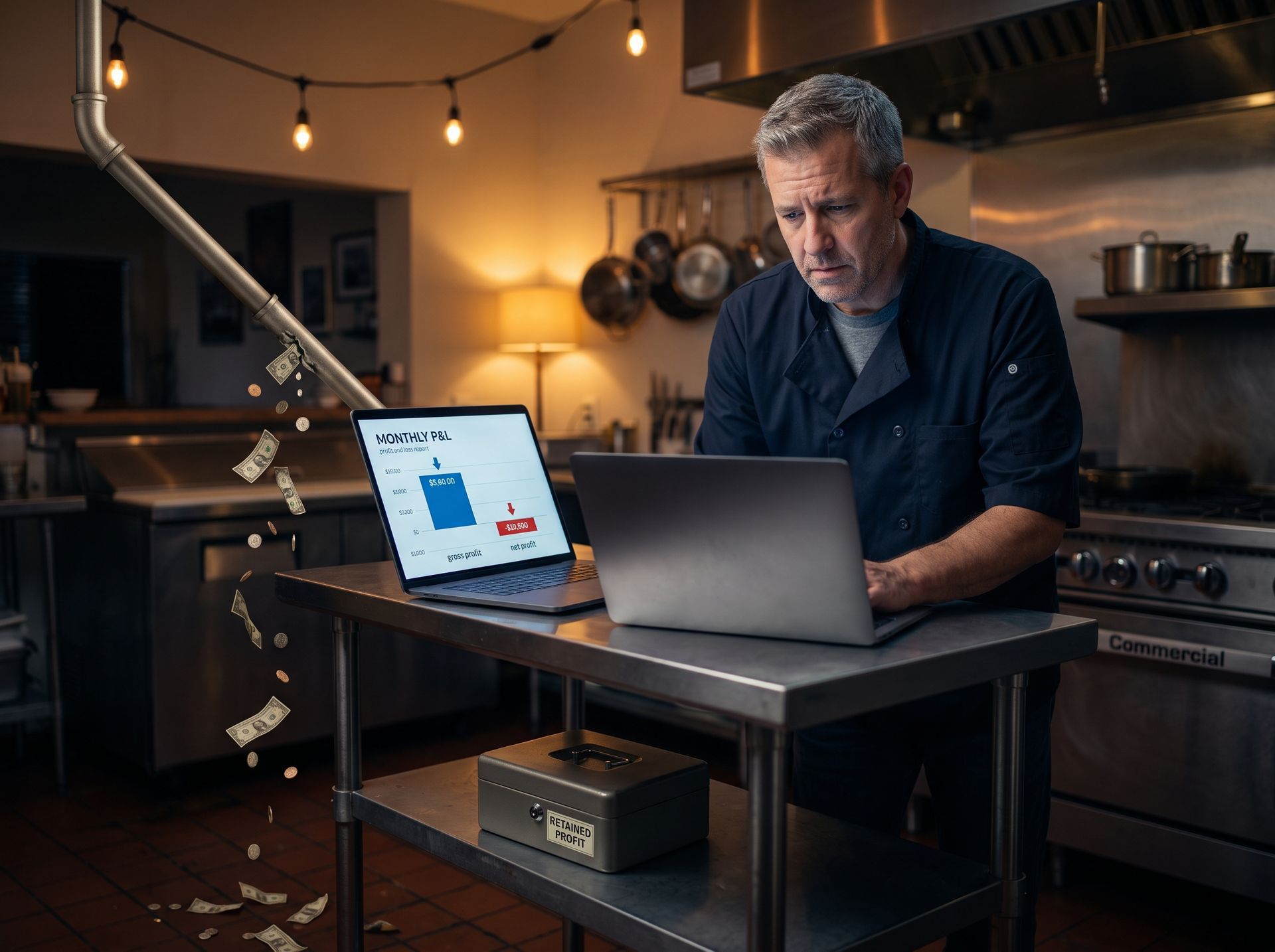 Person working on a laptop in a warm-lit kitchen with a tablet beside them.